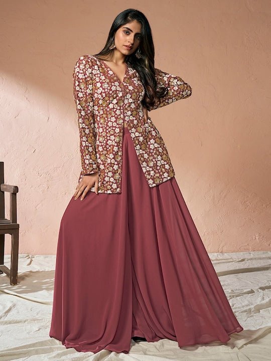 Floral Embroidered High Slit Sequinned A-Line Kurta with Palazzos - Inddus.com