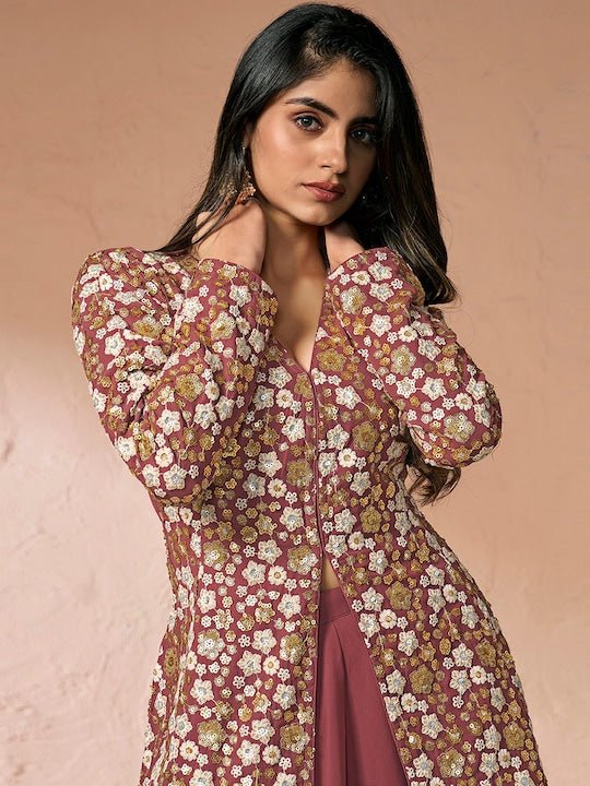 Floral Embroidered High Slit Sequinned A-Line Kurta with Palazzos - Inddus.com