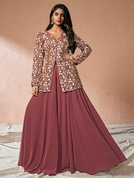 Floral Embroidered High Slit Sequinned A-Line Kurta with Palazzos - Inddus.com