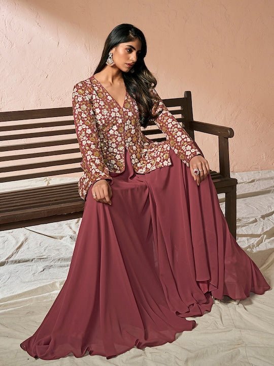 Floral Embroidered High Slit Sequinned A-Line Kurta with Palazzos - Inddus.com