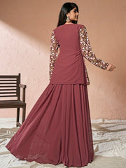 Floral Embroidered High Slit Sequinned A-Line Kurta with Palazzos - Inddus.com