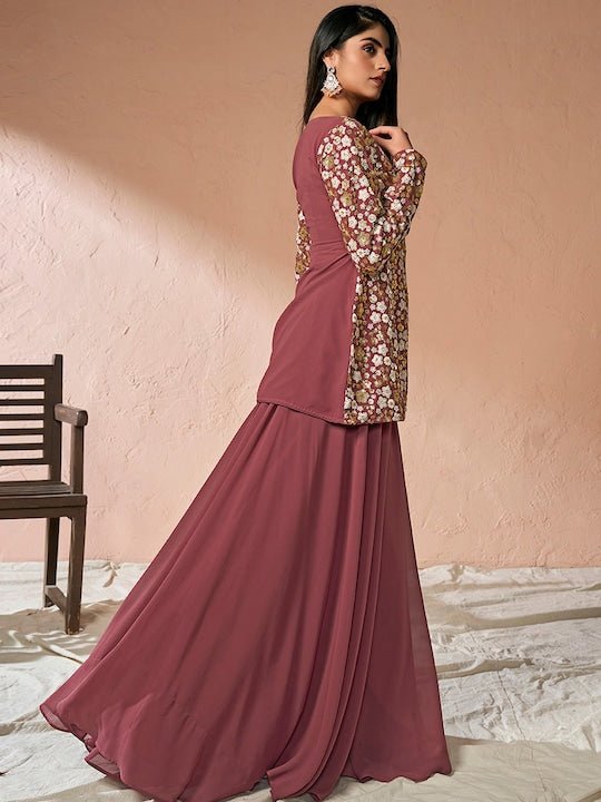 Floral Embroidered High Slit Sequinned A-Line Kurta with Palazzos - Inddus.com