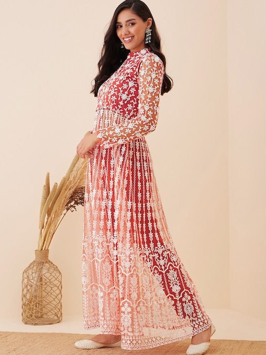 Floral Embroidered High Slit Thread Work Kurta with Trousers - Inddus.com