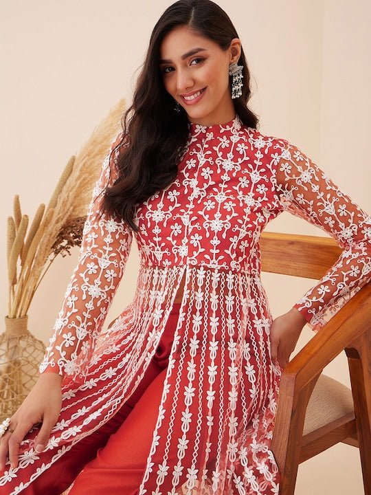 Floral Embroidered High Slit Thread Work Kurta with Trousers - Inddus.com