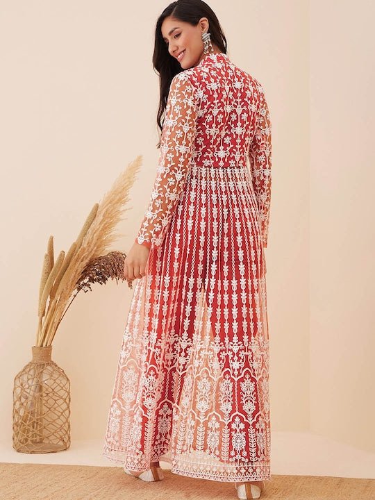 Floral Embroidered High Slit Thread Work Kurta with Trousers - Inddus.com