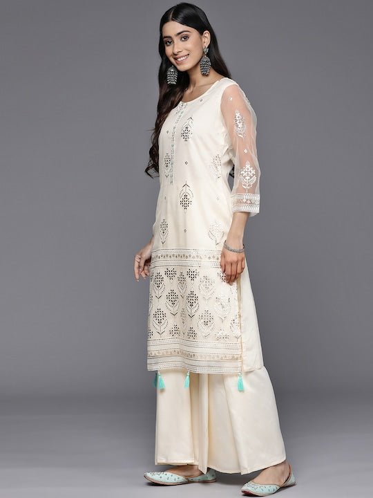 Floral Embroidered Kurta With Palazzos & Dupatta - Inddus.com