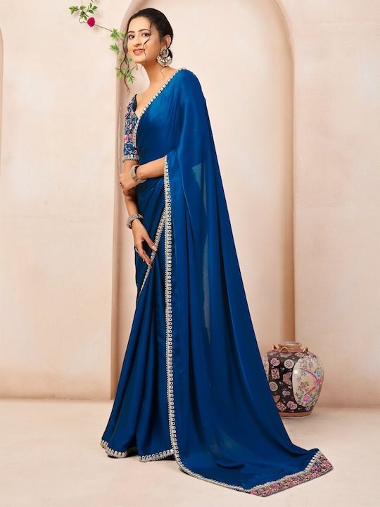 Floral Embroidered Mirror Work Satin Saree