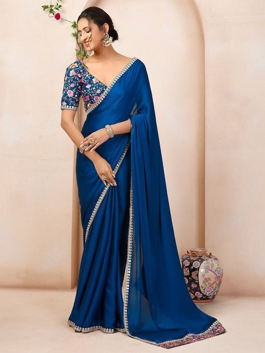 Floral Embroidered Mirror Work Satin Saree