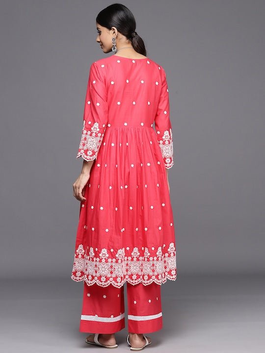 Floral Embroidered Pleated Chikankari Kurta with Palazzos - Inddus.com