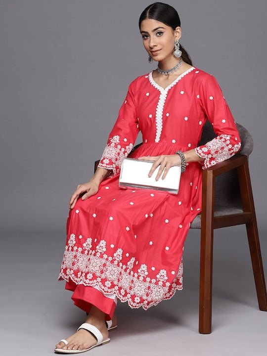 Floral Embroidered Pleated Chikankari Kurta with Palazzos - Inddus.com