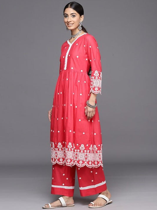 Floral Embroidered Pleated Chikankari Kurta with Palazzos - Inddus.com