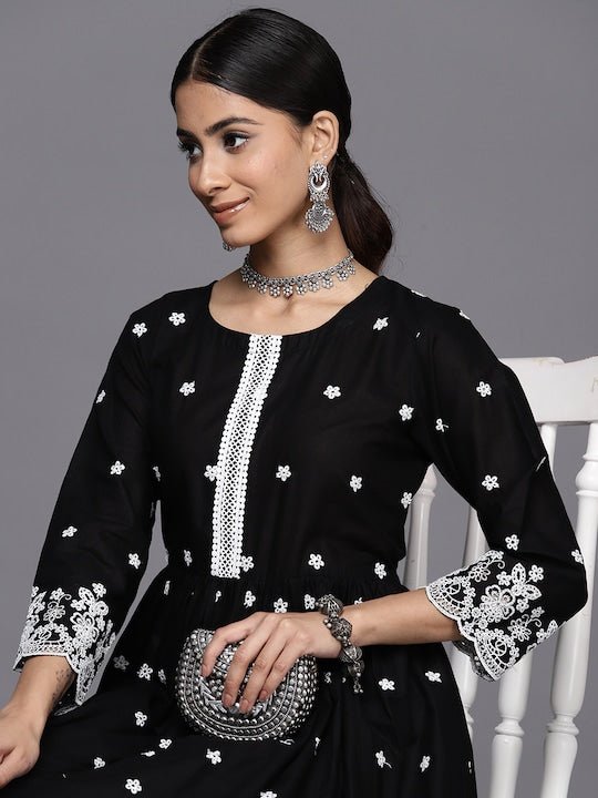 Floral Embroidered Pleated Chikankari Kurta with Palazzos - Inddus.com