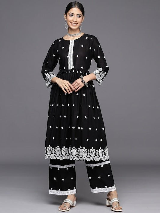 Floral Embroidered Pleated Chikankari Kurta with Palazzos - Inddus.com