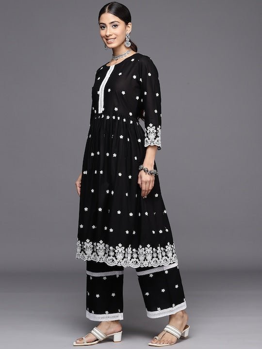 Floral Embroidered Pleated Chikankari Kurta with Palazzos - Inddus.com