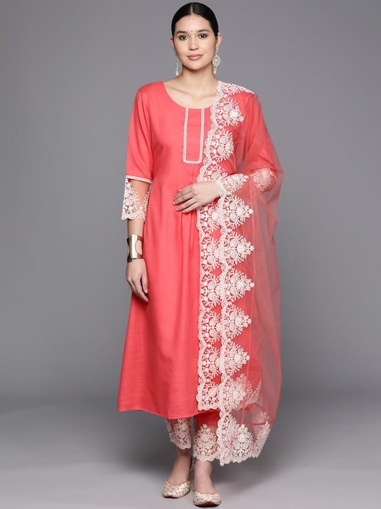 Floral Embroidered Pleated Thread Work Kurta With Trousers & Dupatta - Inddus.com