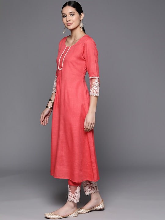 Floral Embroidered Pleated Thread Work Kurta With Trousers & Dupatta - Inddus.com