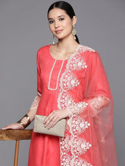 Floral Embroidered Pleated Thread Work Kurta With Trousers & Dupatta - Inddus.com