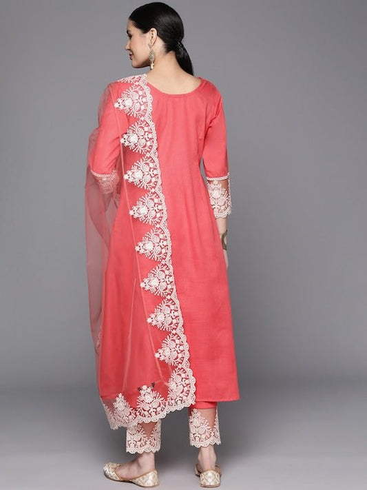 Floral Embroidered Pleated Thread Work Kurta With Trousers & Dupatta - Inddus.com