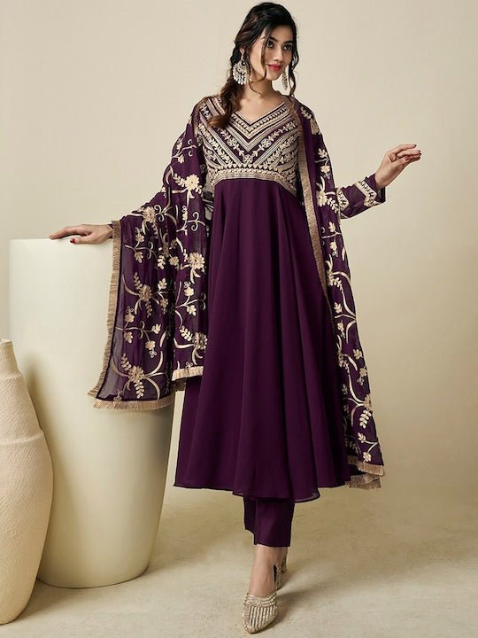 Floral Embroidered Pleated V-Neck Thread Work Kurta with Trousers & With Dupatta - Inddus.com