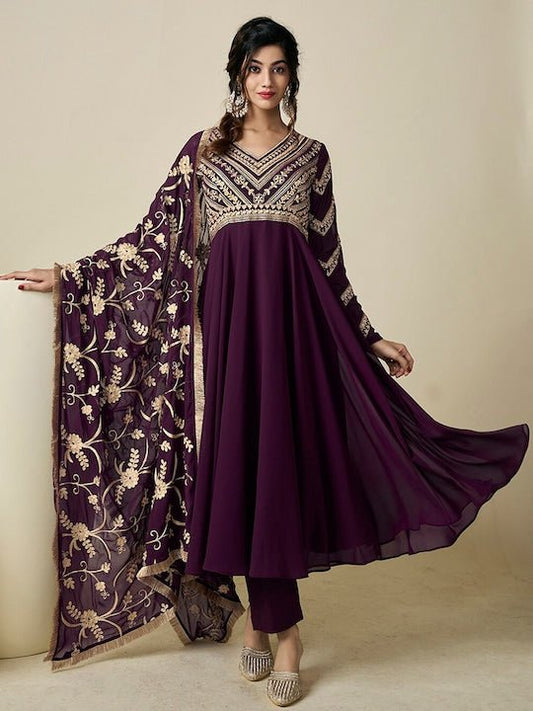 Floral Embroidered Pleated V-Neck Thread Work Kurta with Trousers & With Dupatta - Inddus.com