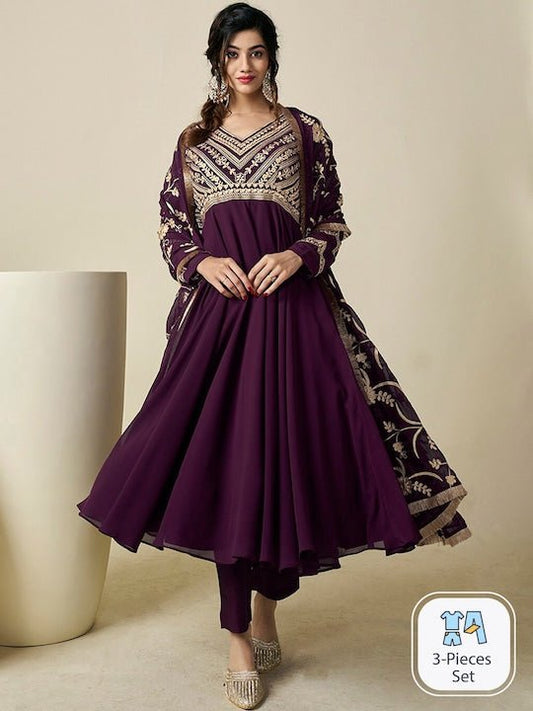 Floral Embroidered Pleated V-Neck Thread Work Kurta with Trousers & With Dupatta - Inddus.com