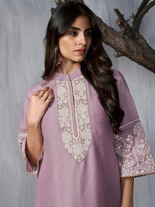 Floral Embroidered Regular A-Line Kurta with Palazzos - Inddus.com