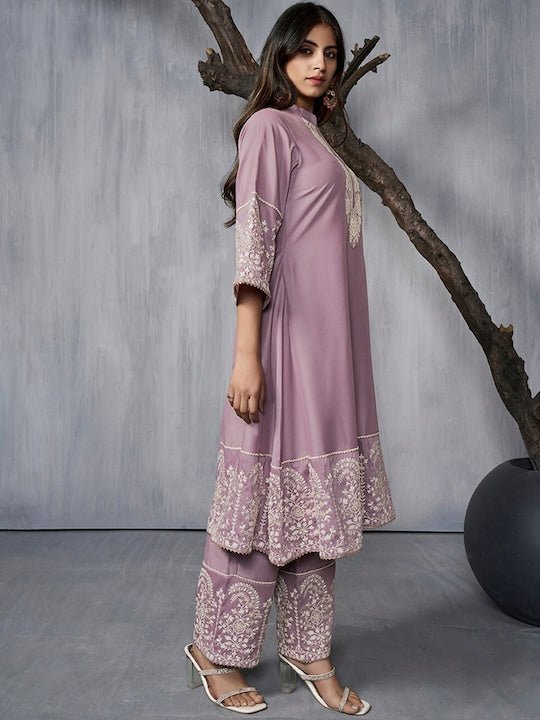 Floral Embroidered Regular A-Line Kurta with Palazzos - Inddus.com