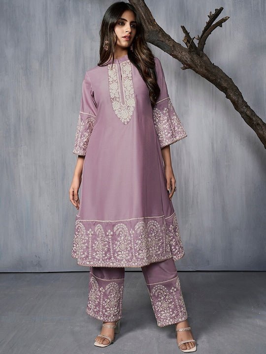 Floral Embroidered Regular A-Line Kurta with Palazzos - Inddus.com