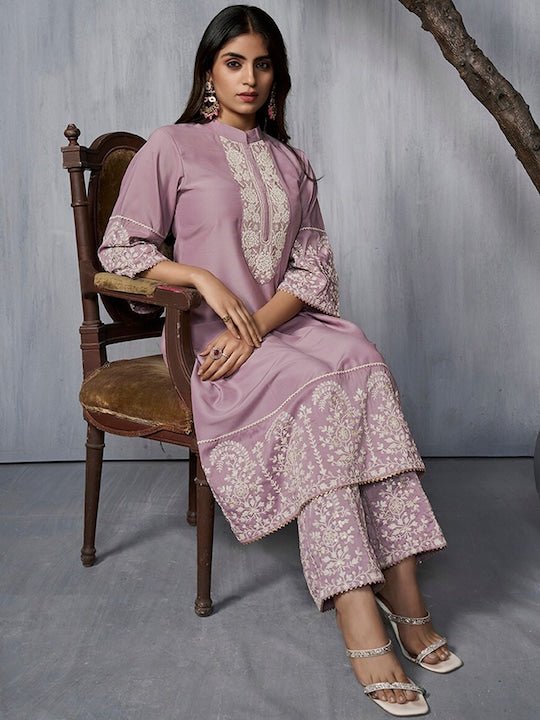 Floral Embroidered Regular A-Line Kurta with Palazzos - Inddus.com