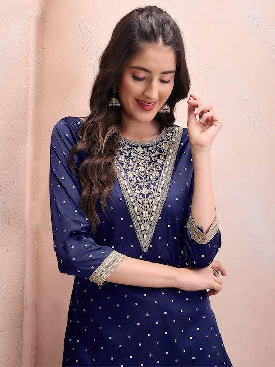 Floral Embroidered Regular Beads and Stones Kurta with Trousers & With Dupatta - Inddus.com