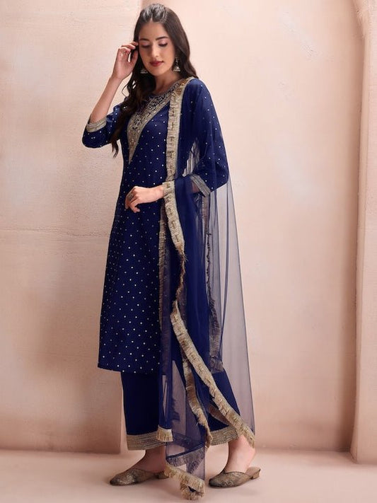 Floral Embroidered Regular Beads and Stones Kurta with Trousers & With Dupatta - Inddus.com