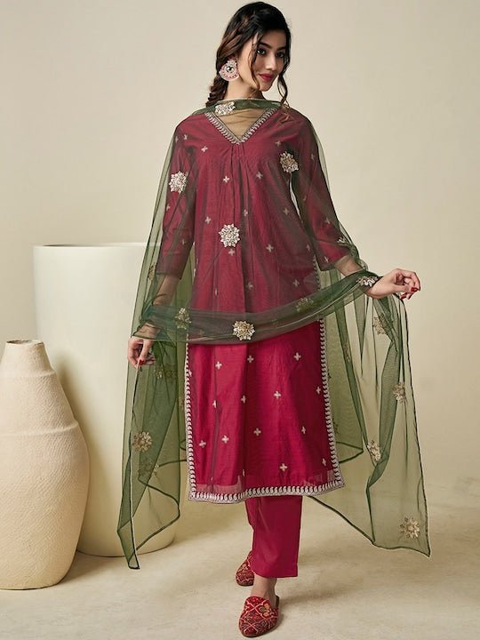 Floral Embroidered Regular Chanderi Cotton Kurta With Trousers & With Dupatta - Inddus.com