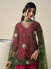 Floral Embroidered Regular Chanderi Cotton Kurta With Trousers & With Dupatta - Inddus.com