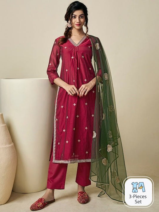 Floral Embroidered Regular Chanderi Cotton Kurta With Trousers & With Dupatta - Inddus.com