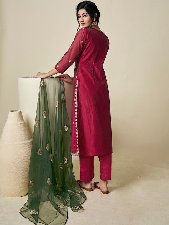 Floral Embroidered Regular Chanderi Cotton Kurta With Trousers & With Dupatta - Inddus.com