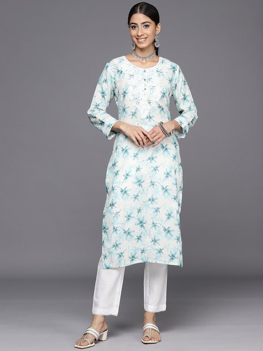 Floral Embroidered Regular Chikankari Kurta With Trousers - Inddus.com