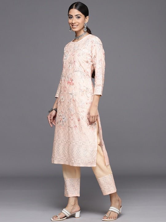 Floral Embroidered Regular Chikankari Kurta with Trousers - Inddus.com