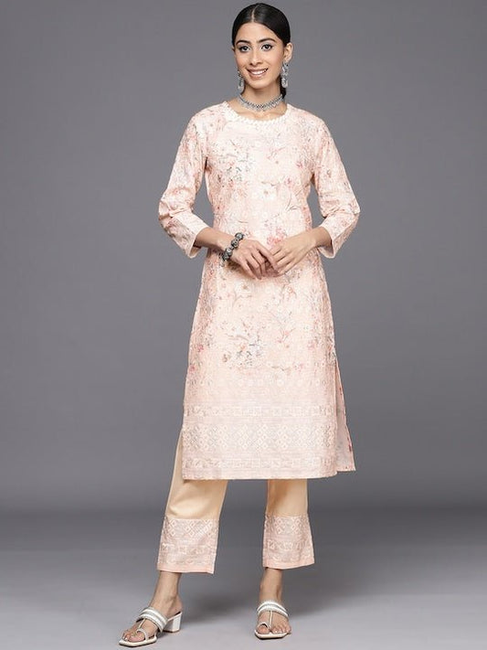 Floral Embroidered Regular Chikankari Kurta with Trousers - Inddus.com