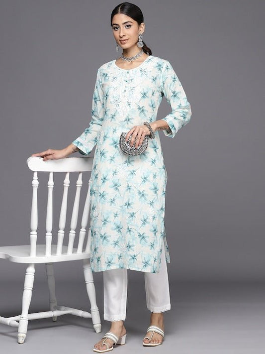 Floral Embroidered Regular Chikankari Kurta With Trousers - Inddus.com