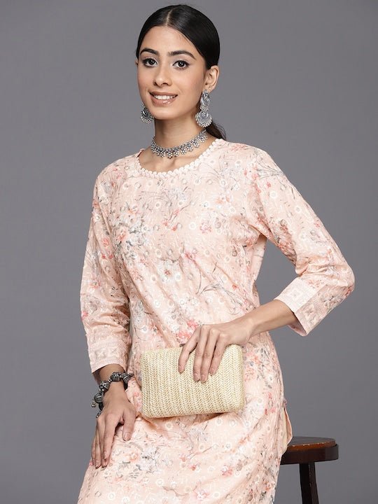 Floral Embroidered Regular Chikankari Kurta with Trousers - Inddus.com