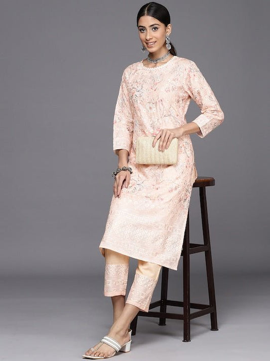 Floral Embroidered Regular Chikankari Kurta with Trousers - Inddus.com