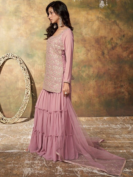 Floral Embroidered Regular Sequinned Kurta with Sharara & Dupatta - Inddus.com