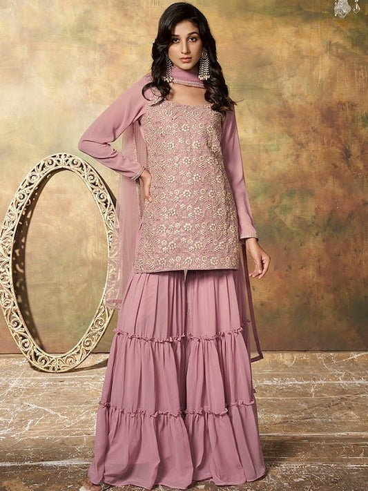 Floral Embroidered Regular Sequinned Kurta with Sharara & Dupatta - Inddus.com