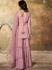 Floral Embroidered Regular Sequinned Kurta with Sharara & Dupatta - Inddus.com