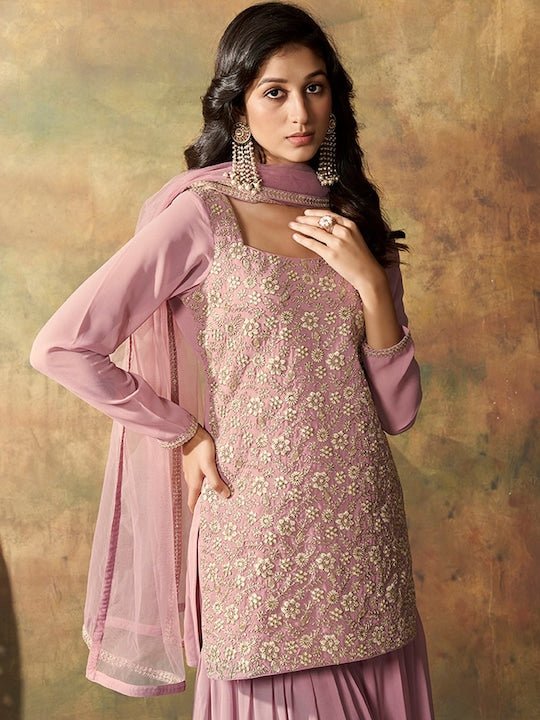 Floral Embroidered Regular Sequinned Kurta with Sharara & Dupatta - Inddus.com