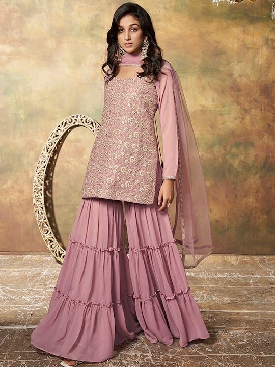 Floral Embroidered Regular Sequinned Kurta with Sharara & Dupatta - Inddus.com