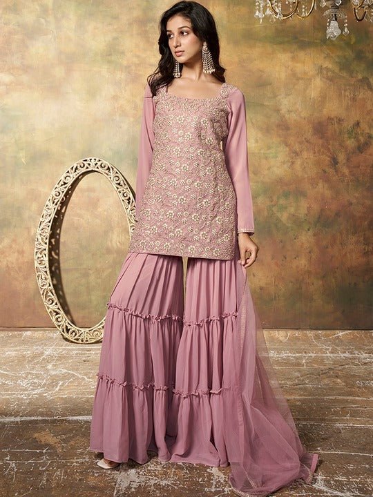 Floral Embroidered Regular Sequinned Kurta with Sharara & Dupatta - Inddus.com