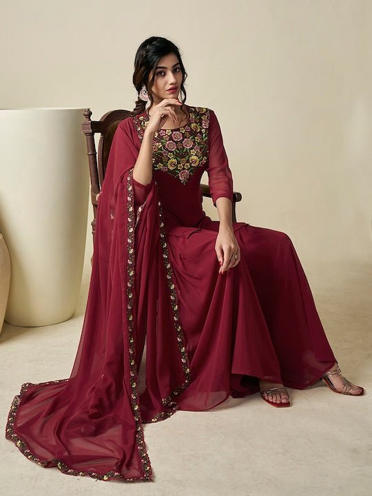 Floral Embroidered Regular Thread Work Georgette Kurta with Sharara & With Dupatta - Inddus.com