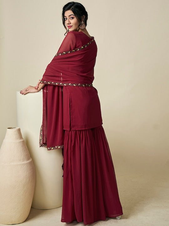 Floral Embroidered Regular Thread Work Georgette Kurta with Sharara & With Dupatta - Inddus.com