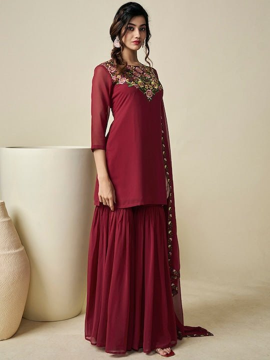 Floral Embroidered Regular Thread Work Georgette Kurta with Sharara & With Dupatta - Inddus.com